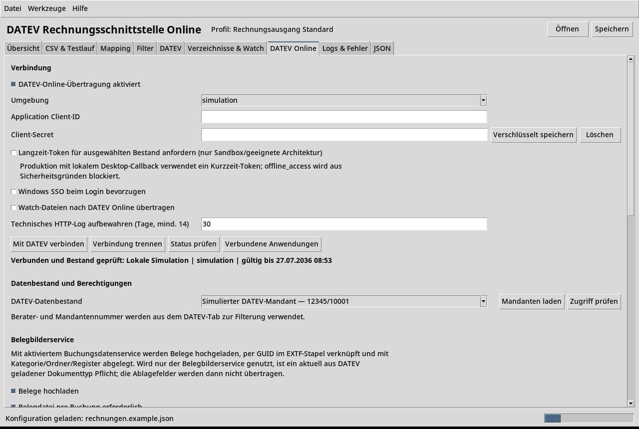 Hauptfenster der DATEV-Schnittstelle mit geöffnetem Bereich DATEV Online: Verbindungseinstellungen, Datenbestand und Belegbilderservice.