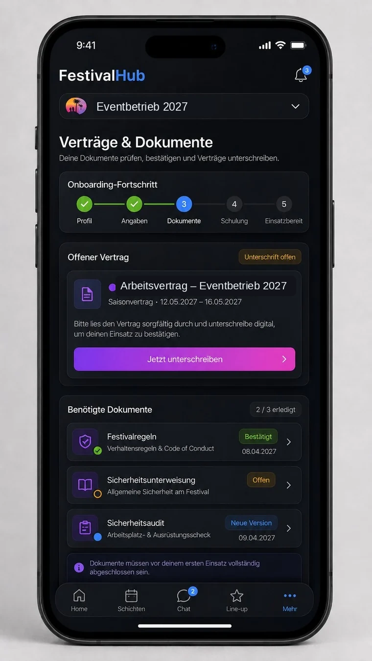 Festivalhub Dokumentenbereich mit Onboarding-Fortschritt, offenen Verträgen und Unterweisungen.