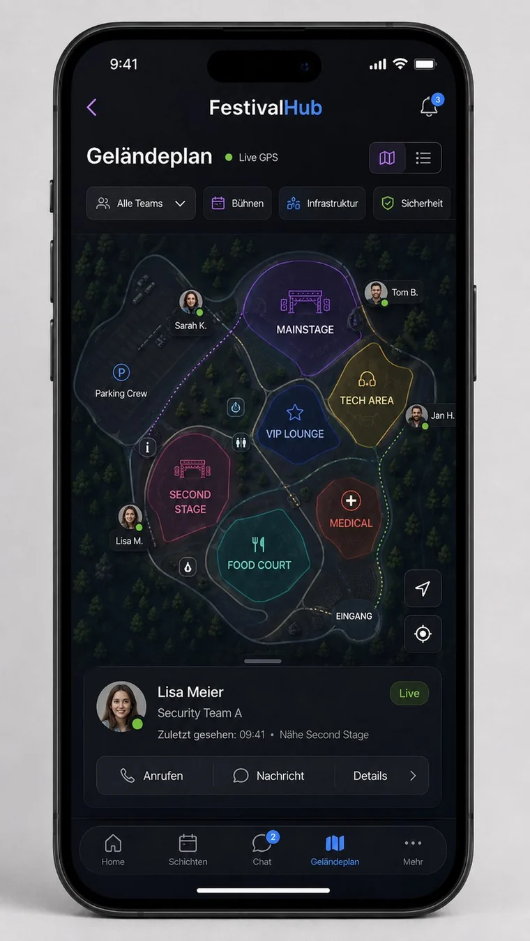 Festivalhub Geländeplan mit Live-GPS, Zonen, Mitarbeitendenpositionen und SOS-Kontext.