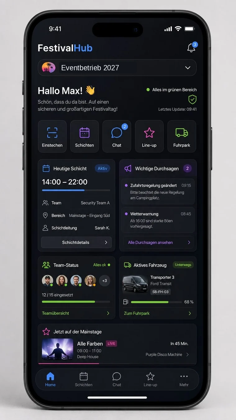 Festivalhub App-Dashboard mit aktueller Schicht, Einstempelfunktion, Chatzugriff, Line-up und Fuhrpark.